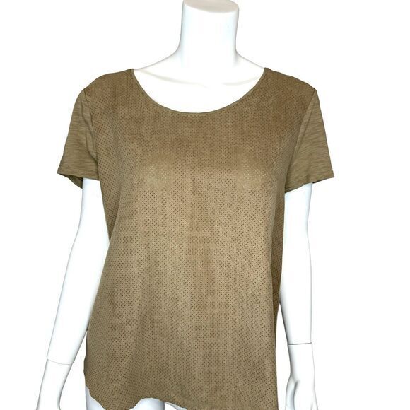 CHICOS Size 2 US L Perforated Microsuede Slub Knit Mixed Media Short Sleeve Top - Picture 1 of 6